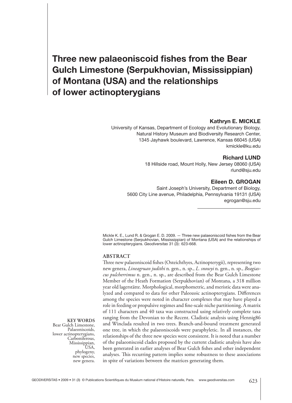 Three New Palaeoniscoid Fishes from the Bear Gulch Limestone