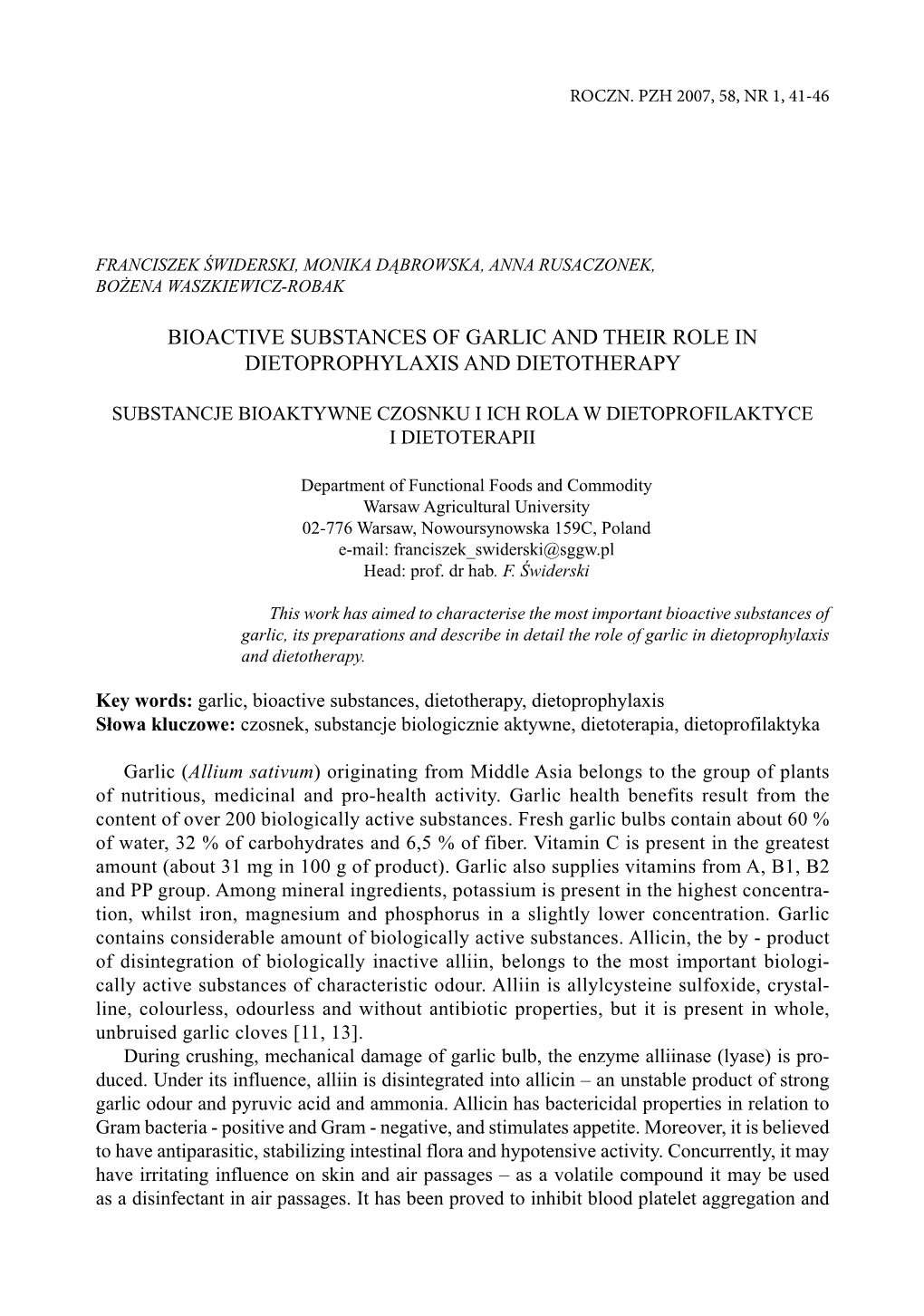 Bioactive Substances of Garlic and Their Role in Dietoprophylaxis and Dietotherapy