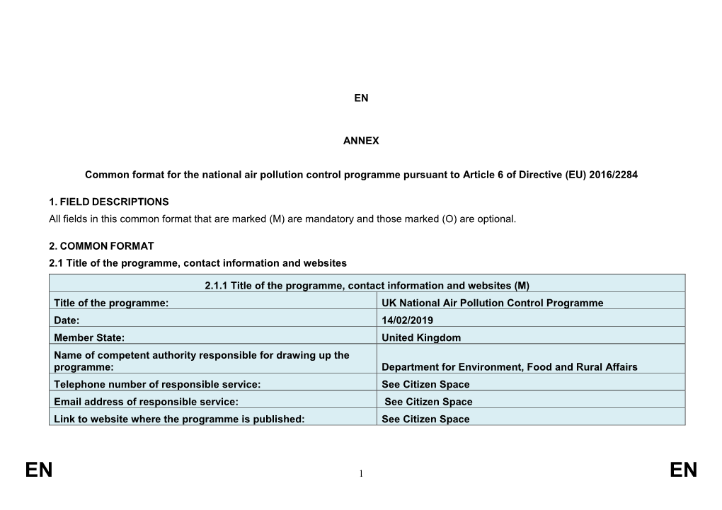 Common Format for the National Air Pollution Control Programme Pursuant to Article 6 of Directive (EU) 2016/2284