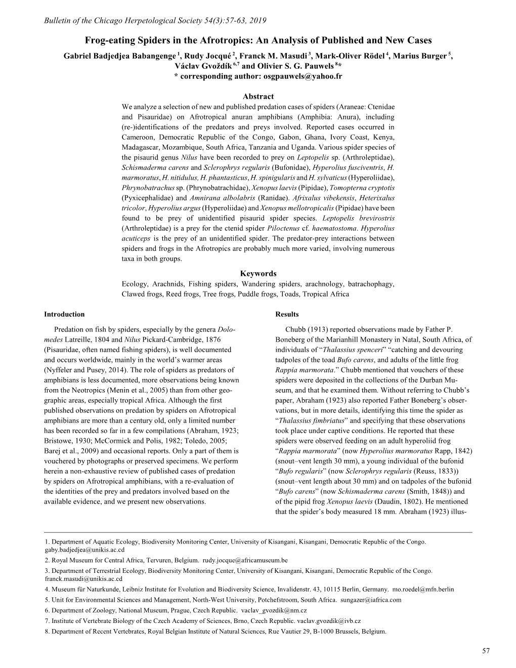 Frog-Eating Spiders in the Afrotropics: an Analysis of Published and New Cases Gabriel Badjedjea Babangenge 1, Rudy Jocqué 2, Franck M