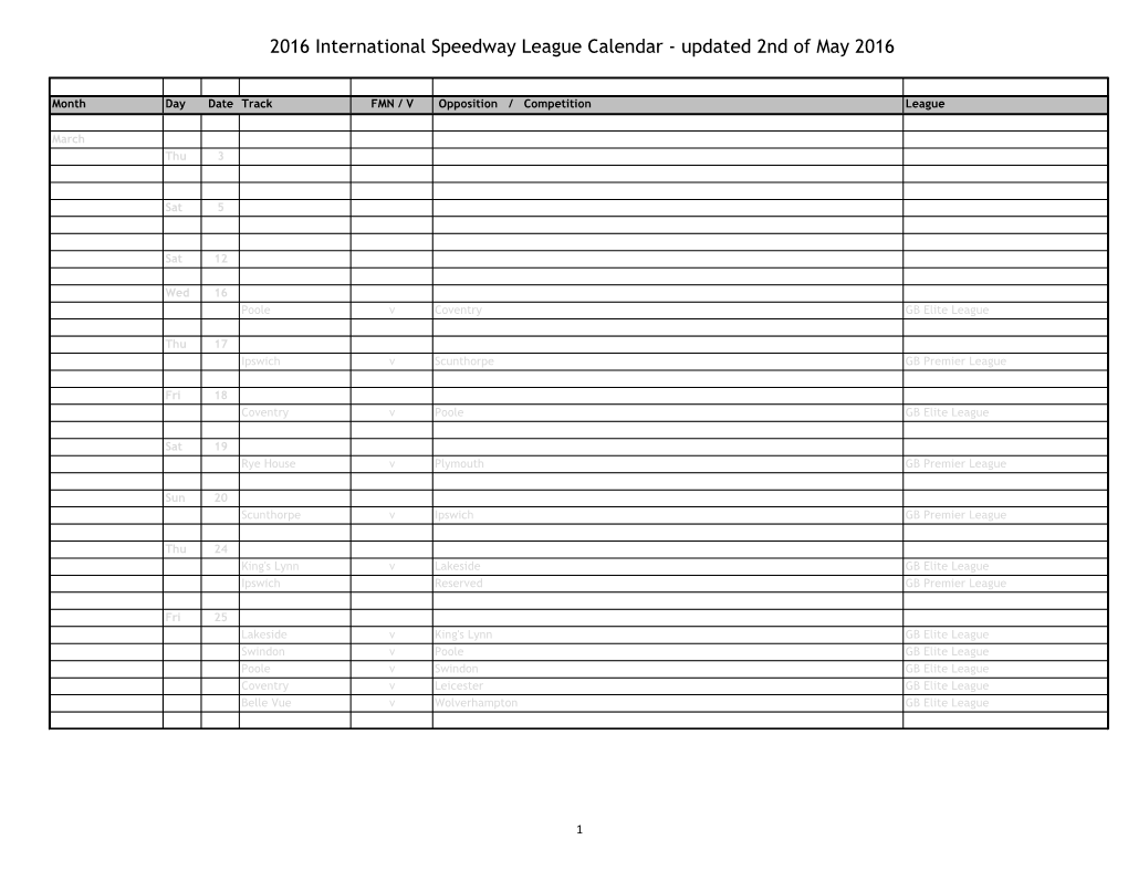 2016 International Speedway League Calendar - Updated 2Nd of May 2016