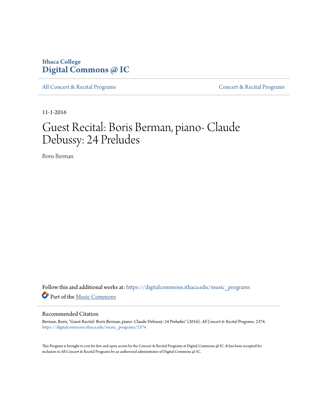 Guest Recital: Boris Berman, Piano- Claude Debussy: 24 Preludes Boris Berman