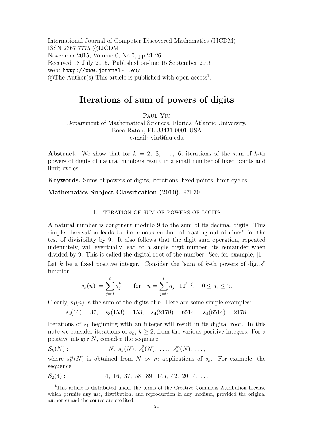 Paul Yiu, Iterations of Sum of Powers of Digits, Pp.21-26