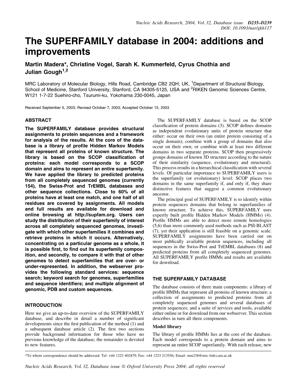 The SUPERFAMILY Database in 2004: Additions and Improvements