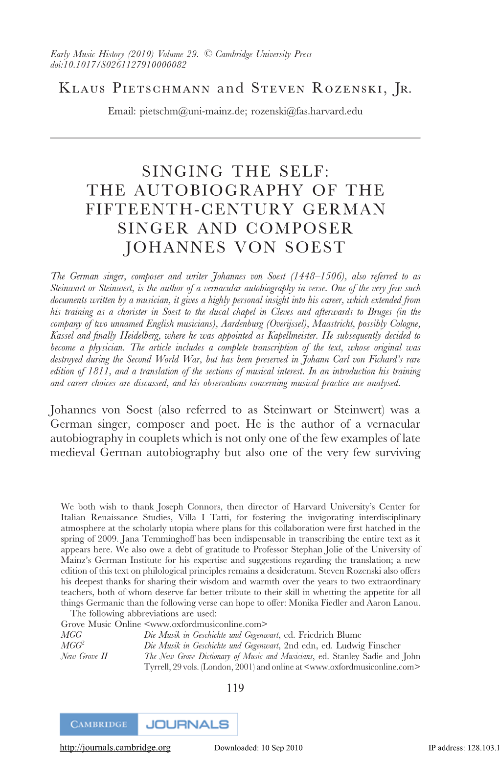 Singing the Self: the Autobiography of the Fifteenth-Century German Singer and Composer Johannes Von Soest