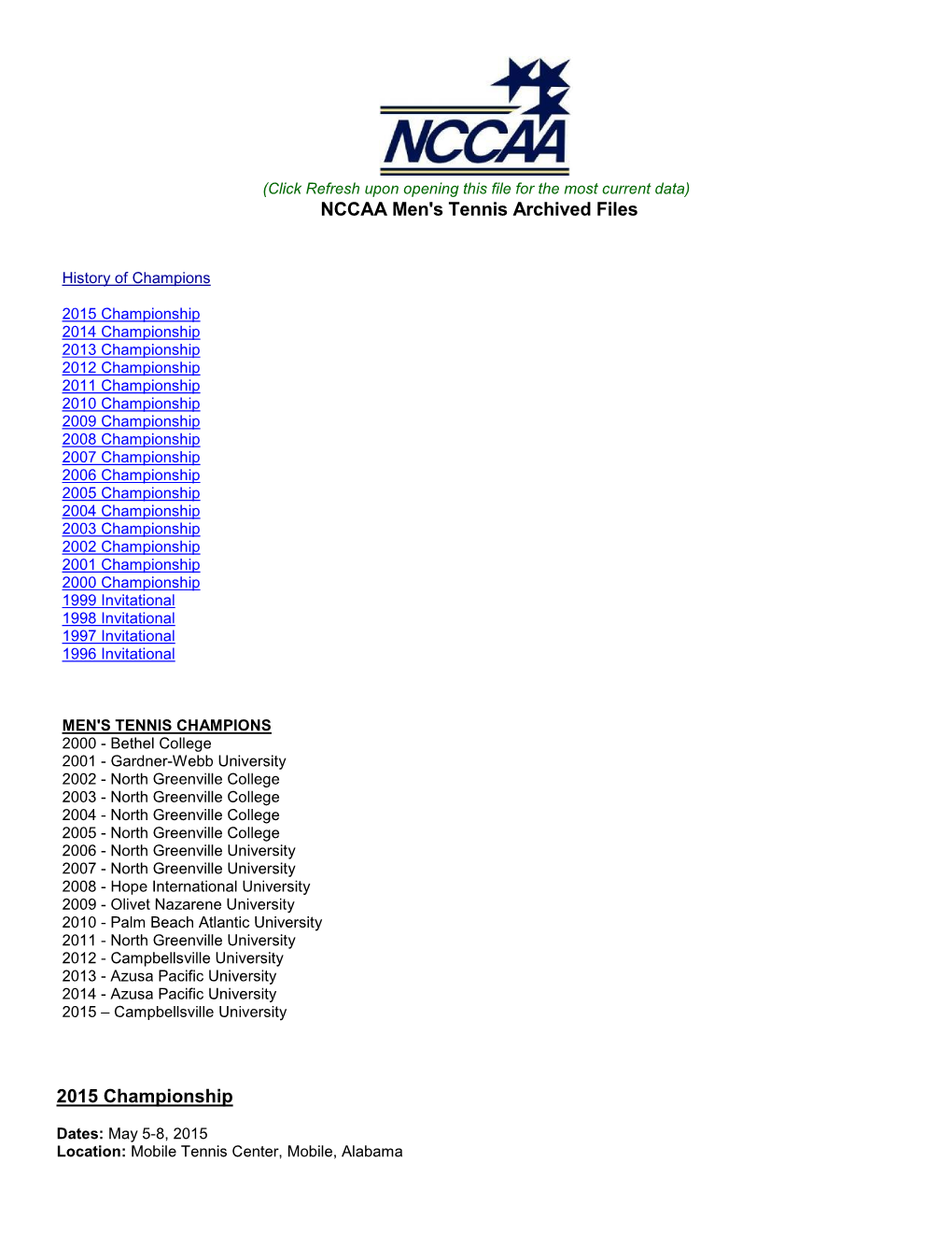 NCCAA Men's Tennis Archived Files 2015 Championship