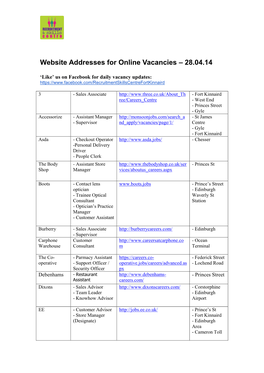 Website Addresses for Online Vacancies – 28.04.14