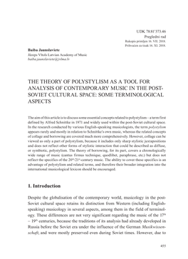 The Theory of Polystylism As a Tool for Analysis of Contemporary Music in the Post- Soviet Cultural Space: Some Terminological Aspects