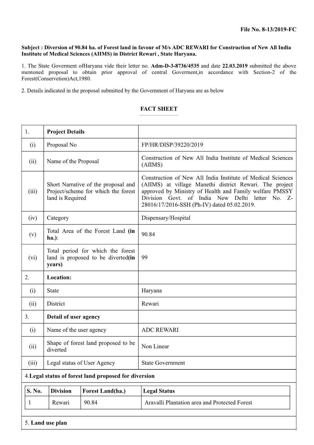 File No. 8-13/2019-FC FACT SHEET 1. Project Details (I) Proposal No FP