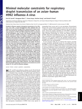 Minimal Molecular Constraints for Respiratory Droplet Transmission of an Avian–Human H9N2 Influenza a Virus