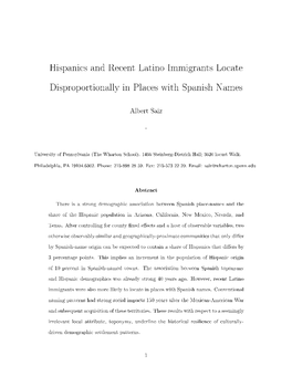 Hispanics and Recent Latino Immigrants Locate Disproportionally in Places with Spanish Names