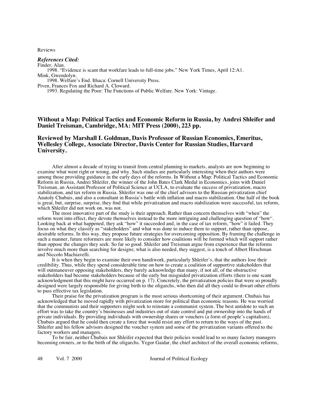 Political Tactics and Economic Reform in Russia, by Andrei Shleifer and Daniel Treisman, Cambridge, MA: MIT Press (2000), 223 Pp