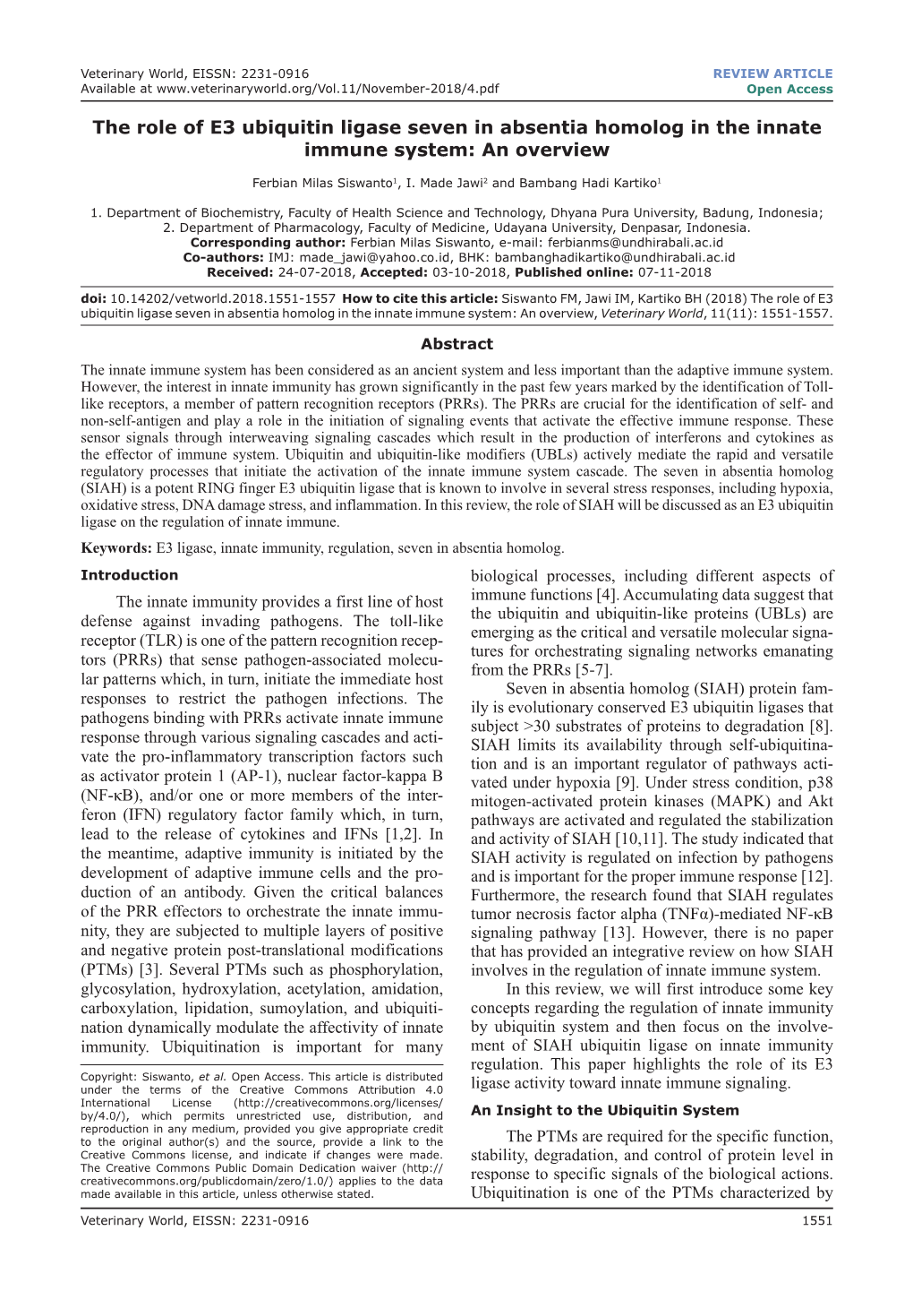 The Role of E3 Ubiquitin Ligase Seven in Absentia Homolog in the Innate Immune System: an Overview