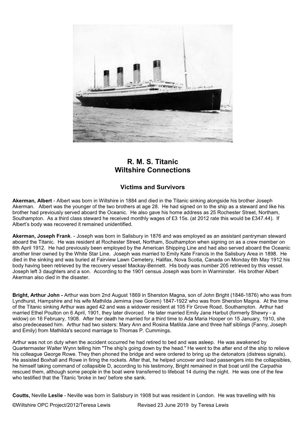 R. M. S. Titanic Wiltshire Connections