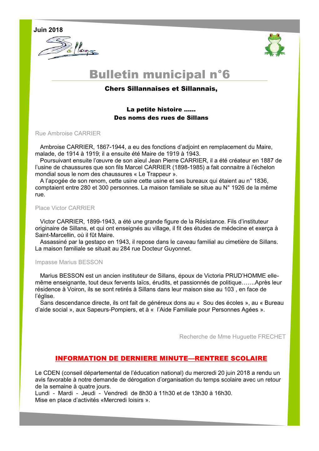 Bulletin Municipal N°6 Chers Sillannaises Et Sillannais