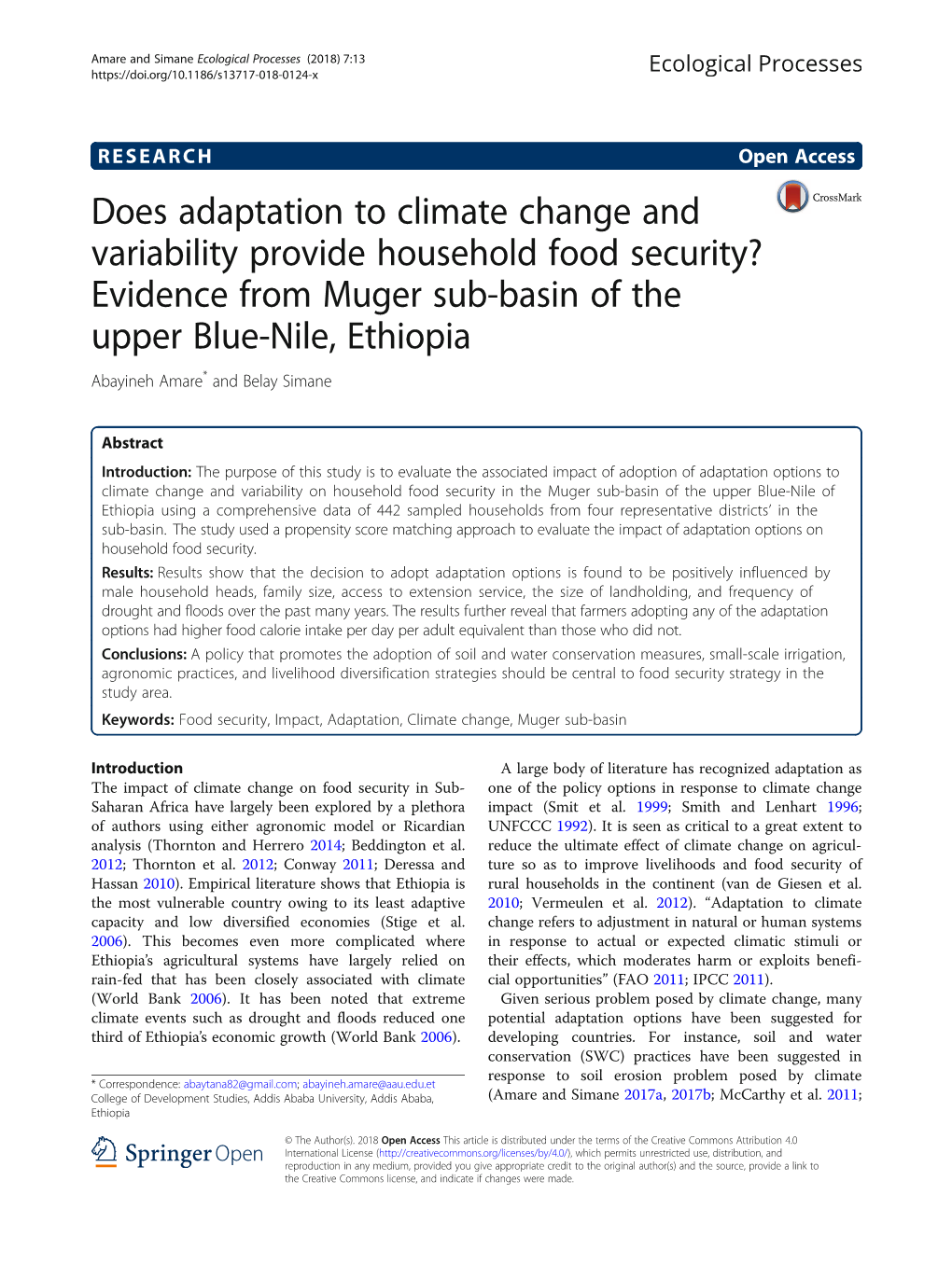Evidence from Muger Sub-Basin of the Upper Blue-Nile, Ethiopia Abayineh Amare* and Belay Simane
