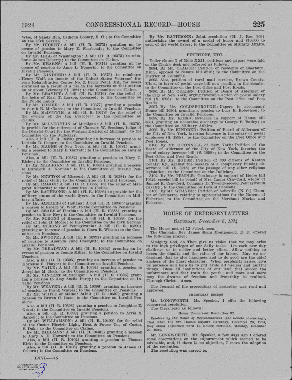 1924 Congress! on Al Record-House 225