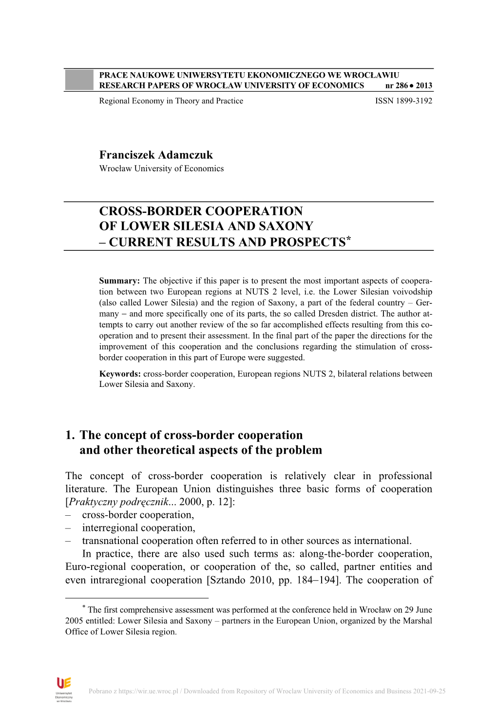 Cross-Border Cooperation of Lower Silesia and Saxony – Current Results and Prospects*