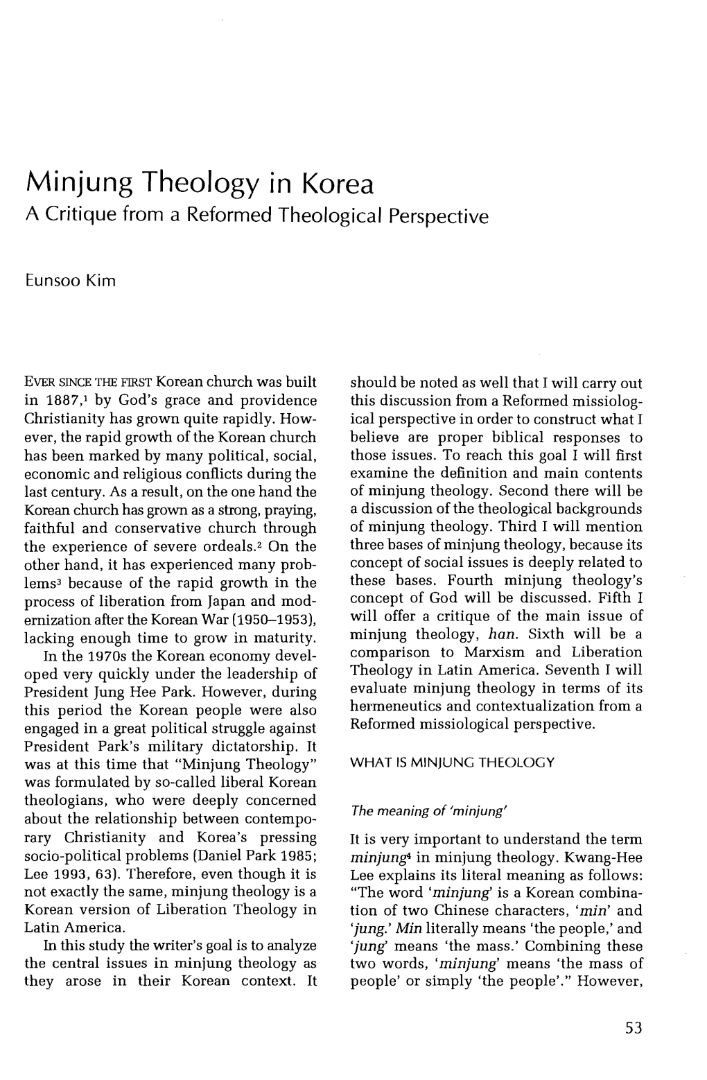 Minjung Theology in Korea a Critique from a Reformed Theological Perspective