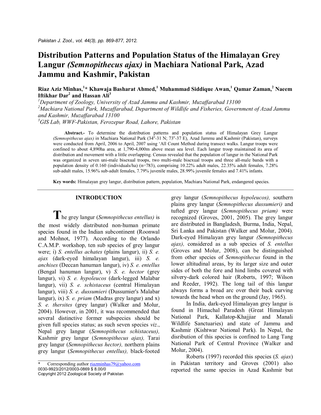 Distribution Patterns and Population Status of the Himalayan Grey Langur (Semnopithecus Ajax) in Machiara National Park, Azad Jammu and Kashmir, Pakistan