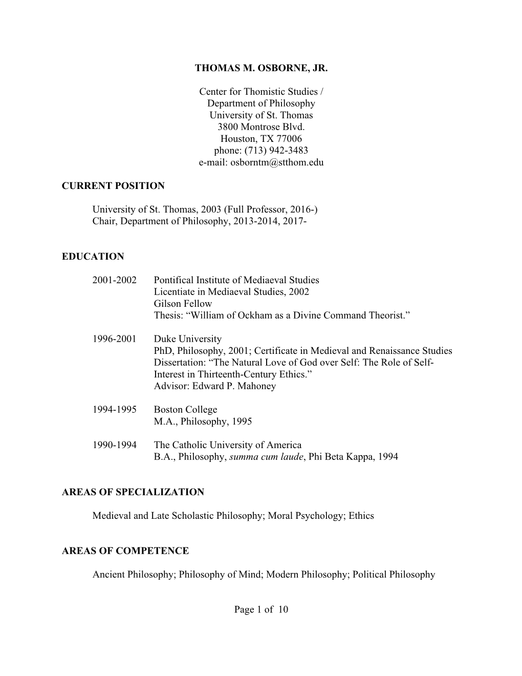 Page 1 of 10 THOMAS M. OSBORNE, JR. Center for Thomistic Studies / Department of Philosophy University of St. Thomas 3800 Montr