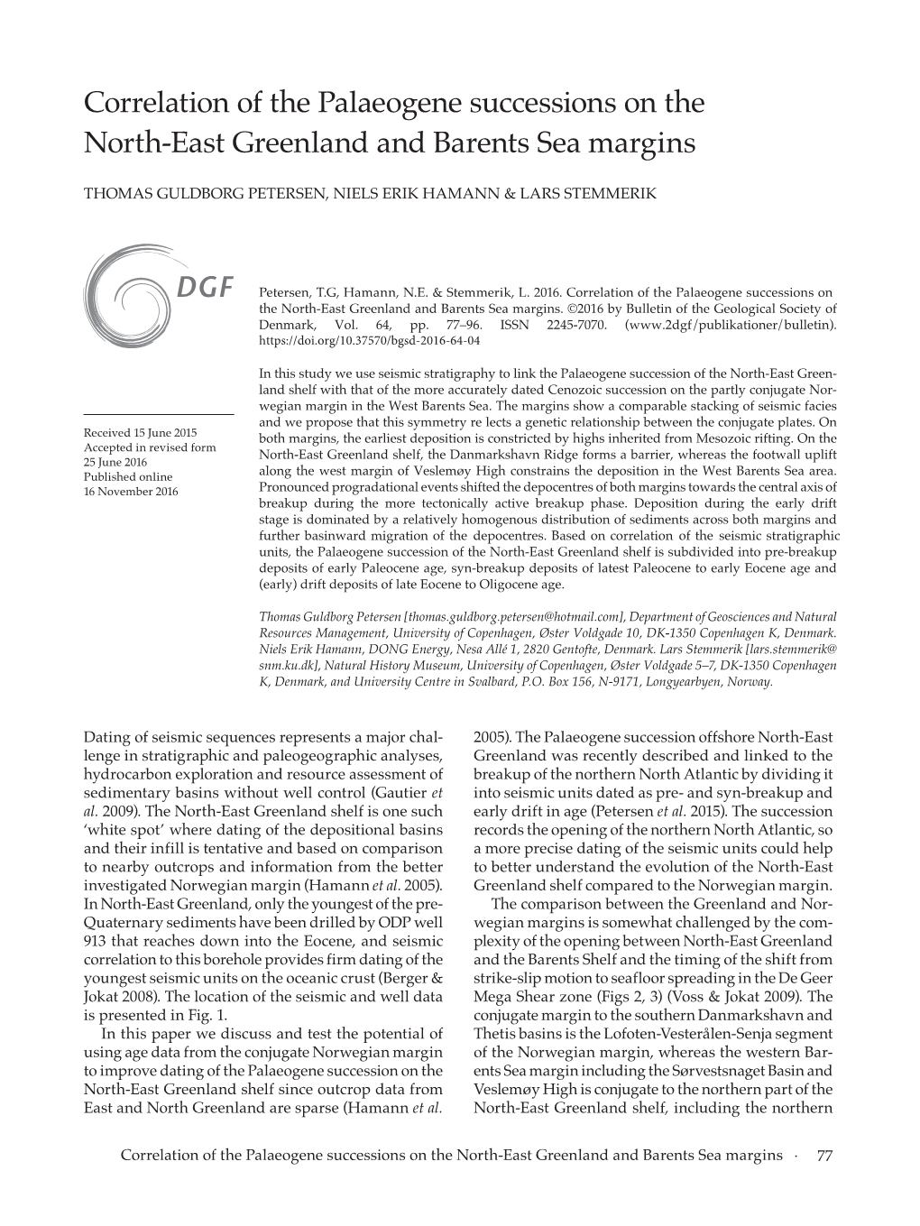 Correlation of the Palaeogene Successions on the North-East Greenland and Barents Sea Margins