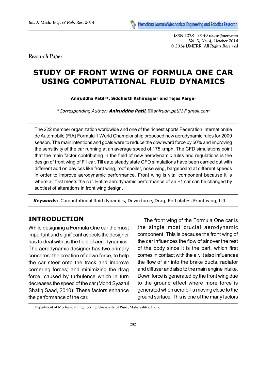 Study of Front Wing of Formula One Car Using Computational Fluid Dynamics