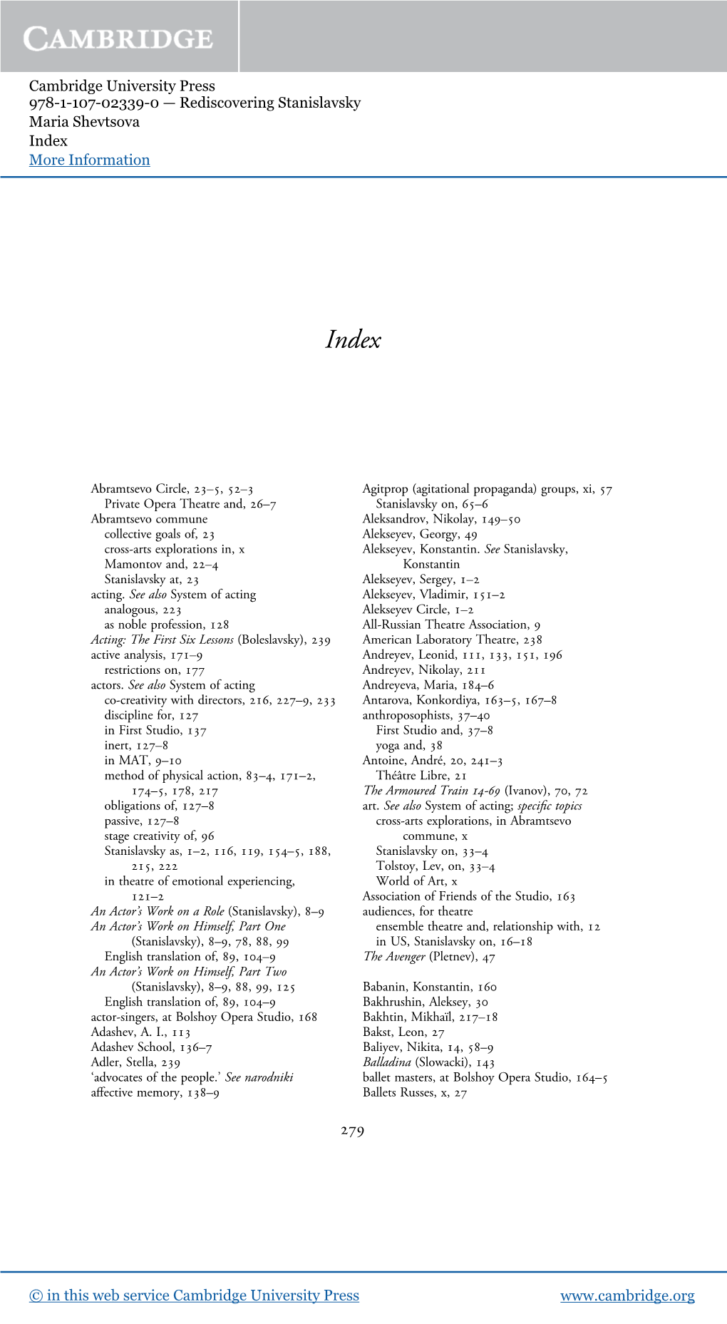 Rediscovering Stanislavsky Maria Shevtsova Index More Information