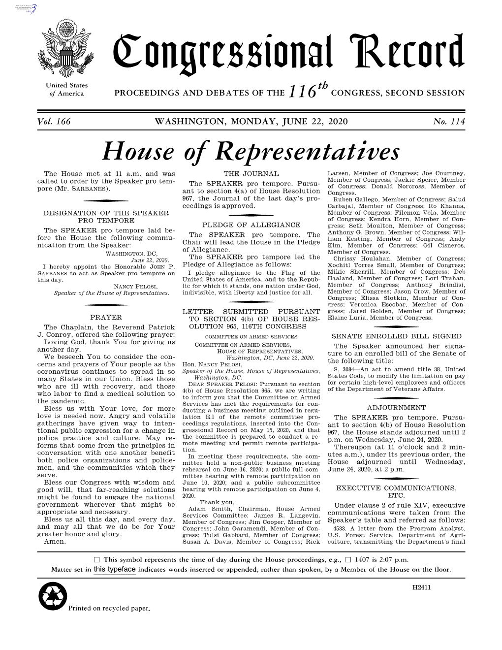 Congressional Record United States Th of America PROCEEDINGS and DEBATES of the 116 CONGRESS, SECOND SESSION