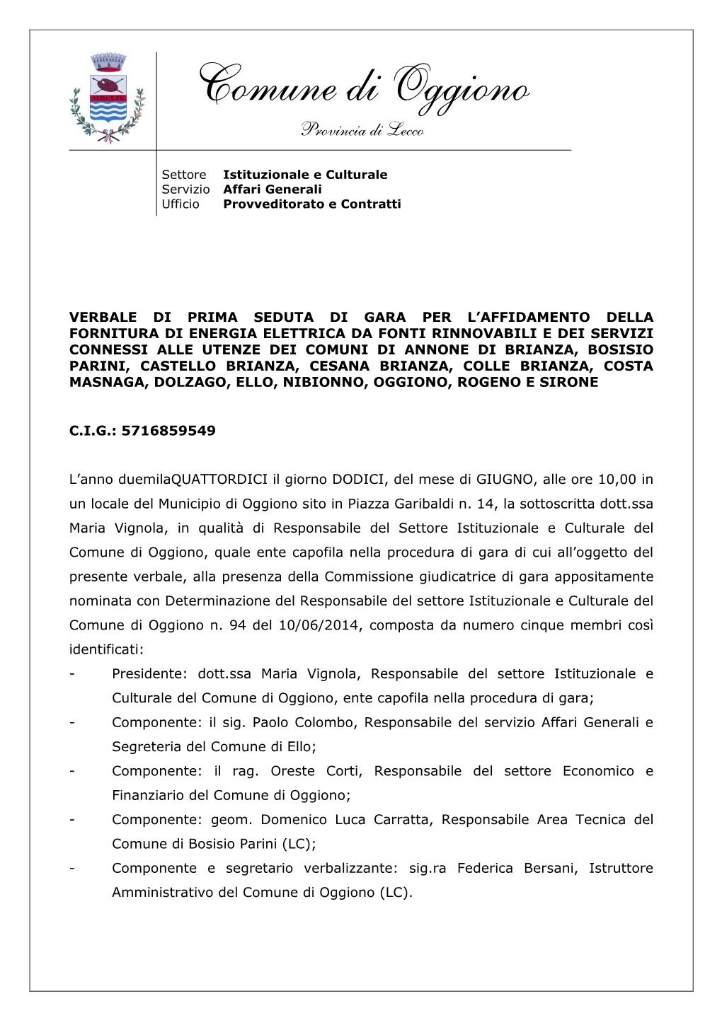 Comune Di Oggiono Provincia Di Lecco