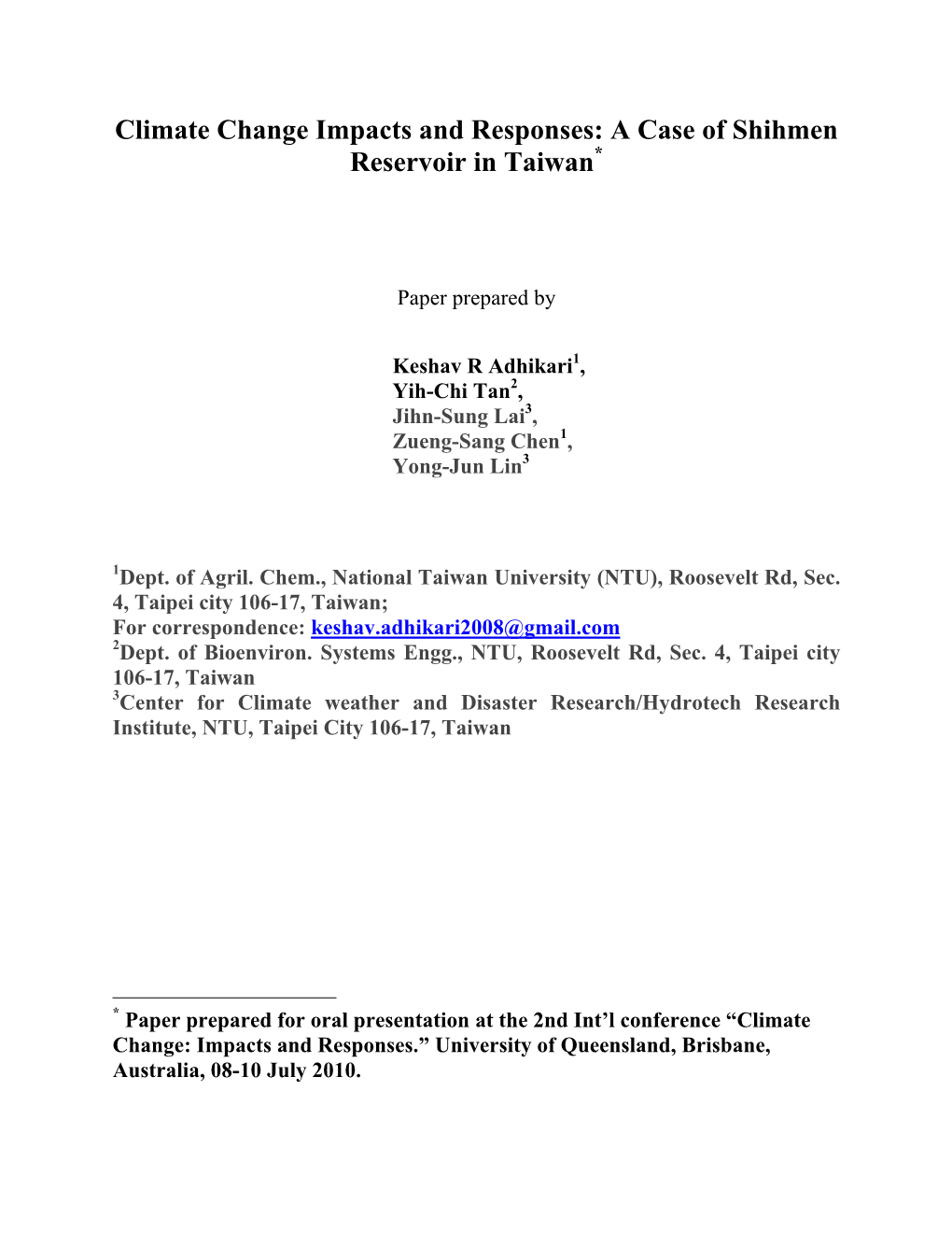 Climate Change Impacts and Responses: a Case of Shihmen Reservoir in Taiwan*