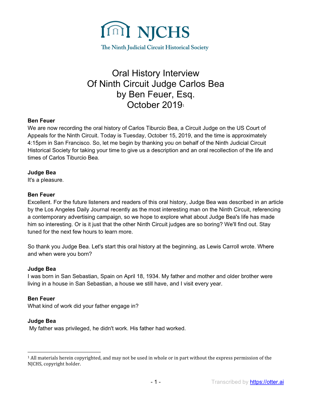 Oral History Interview of Ninth Circuit Judge Carlos Bea by Ben Feuer, Esq