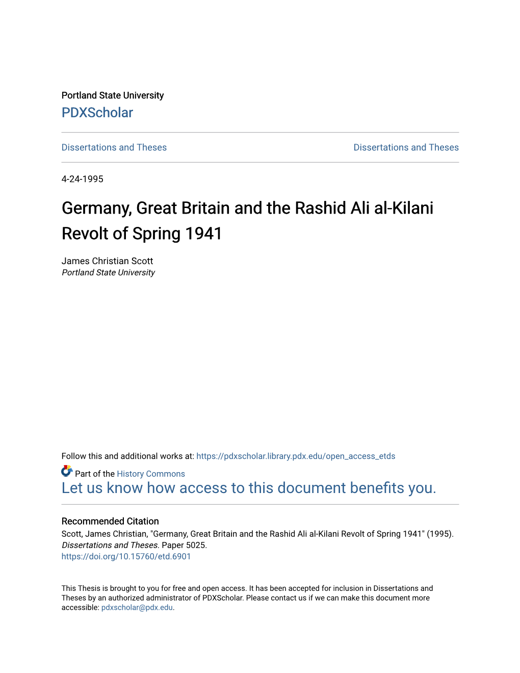 Germany, Great Britain and the Rashid Ali Al-Kilani Revolt of Spring 1941