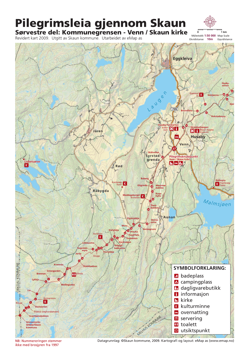 Pilegrimsleia Gjennom Skaun Nersetra Sørvestre Del: Kommunegrensen - Venn / Skaun Kirke 0 1 Km 56 57 Målestokk 1:50 000 Måaspbscyalge Da Bakktrøa Revidert Kart 2009