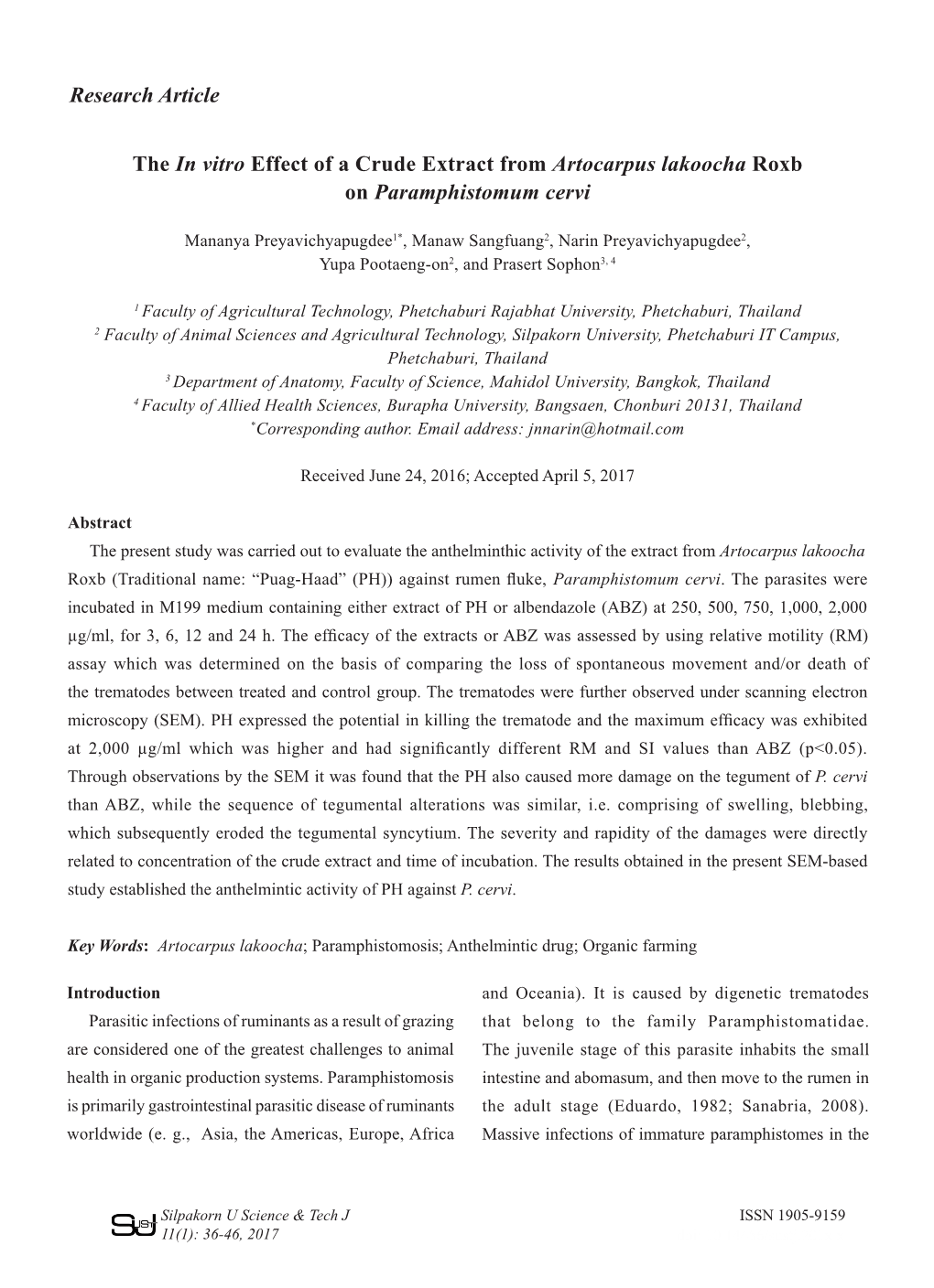 The in Vitro Effect of a Crude Extract from Artocarpus Lakoocha Roxb on Paramphistomum Cervi