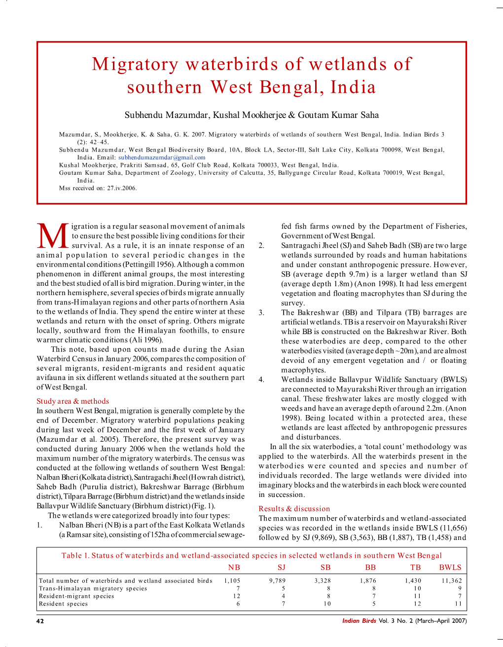 Migratory Waterbirds of Wetlands of Southern West Bengal, India