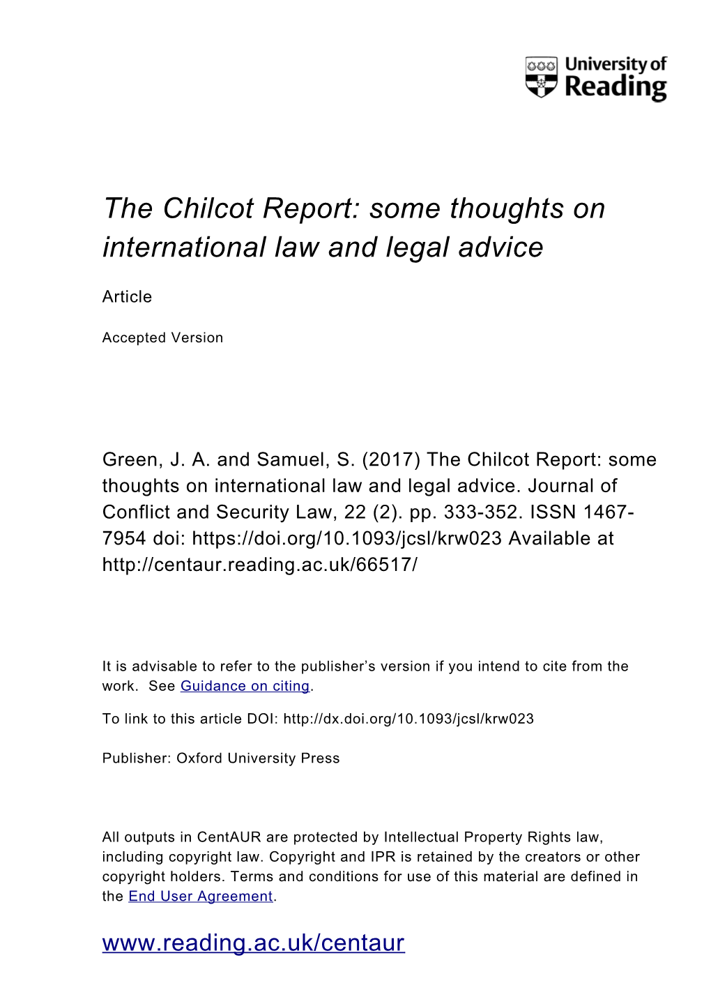 The Chilcot Report: Some Thoughts on International Law and Legal Advice