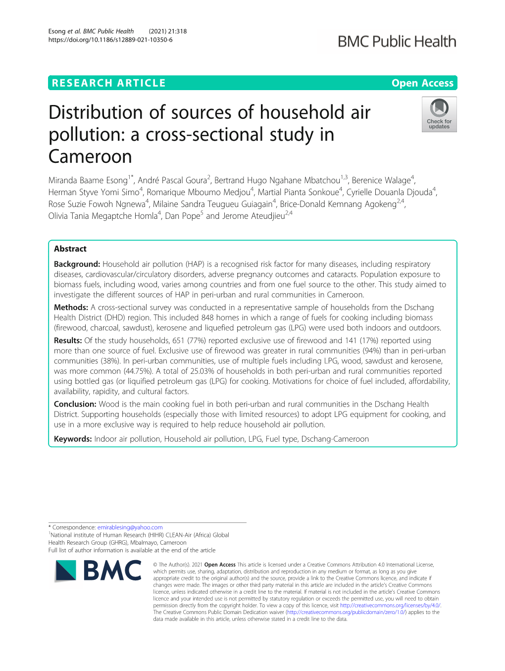 Distribution of Sources of Household Air Pollution: a Cross-Sectional Study in Cameroon