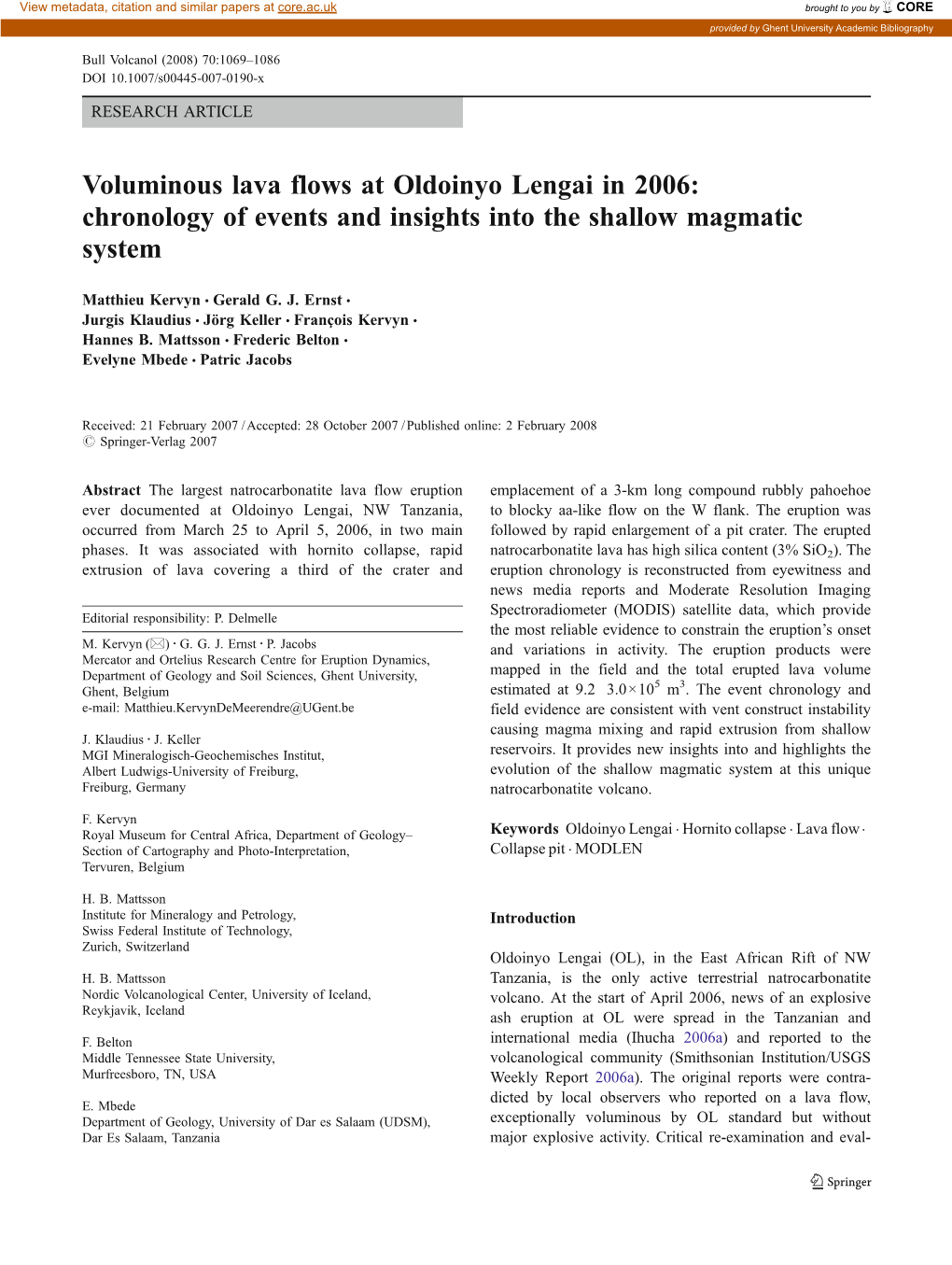 Voluminous Lava Flows at Oldoinyo Lengai in 2006: Chronology of Events and Insights Into the Shallow Magmatic System