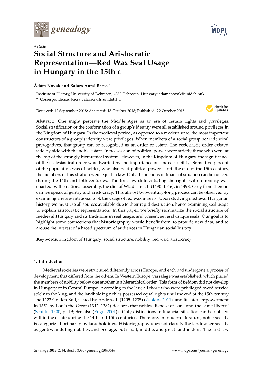 Social Structure and Aristocratic Representation—Red Wax Seal Usage in Hungary in the 15Th C