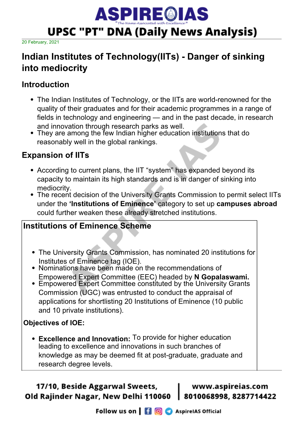 Indian Institutes of Technology(Iits) - Danger of Sinking Into Mediocrity Introduction