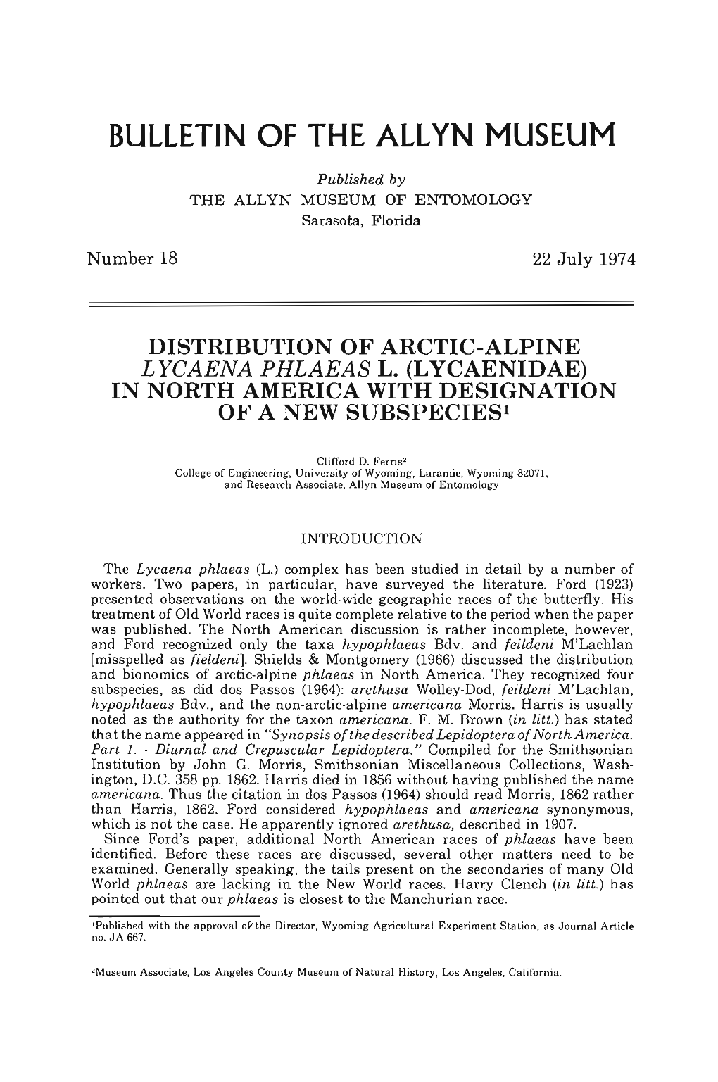 LYCAENA PHLAEAS L. (LYCAENIDAE) in NORTH AMERICA with DESIGNATION of a NEW Subspeciesl