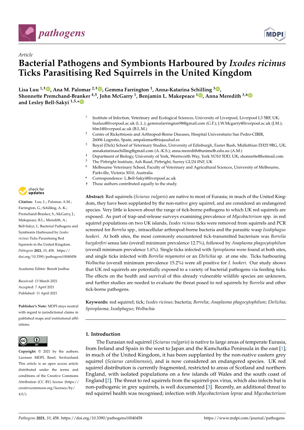 Bacterial Pathogens and Symbionts Harboured by Ixodes Ricinus Ticks Parasitising Red Squirrels in the United Kingdom