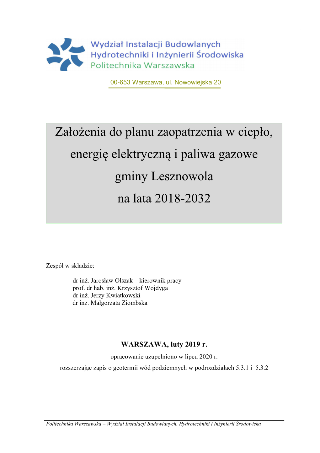 Założenia Do Planu Zaopatrzenia W Ciepło, Energię Elektryczną I Paliwa Gazowe Gminy Lesznowola Na Lata 2018-2032