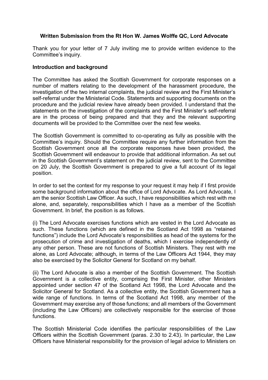 Written Submission from the Rt Hon W. James Wolffe QC, Lord Advocate