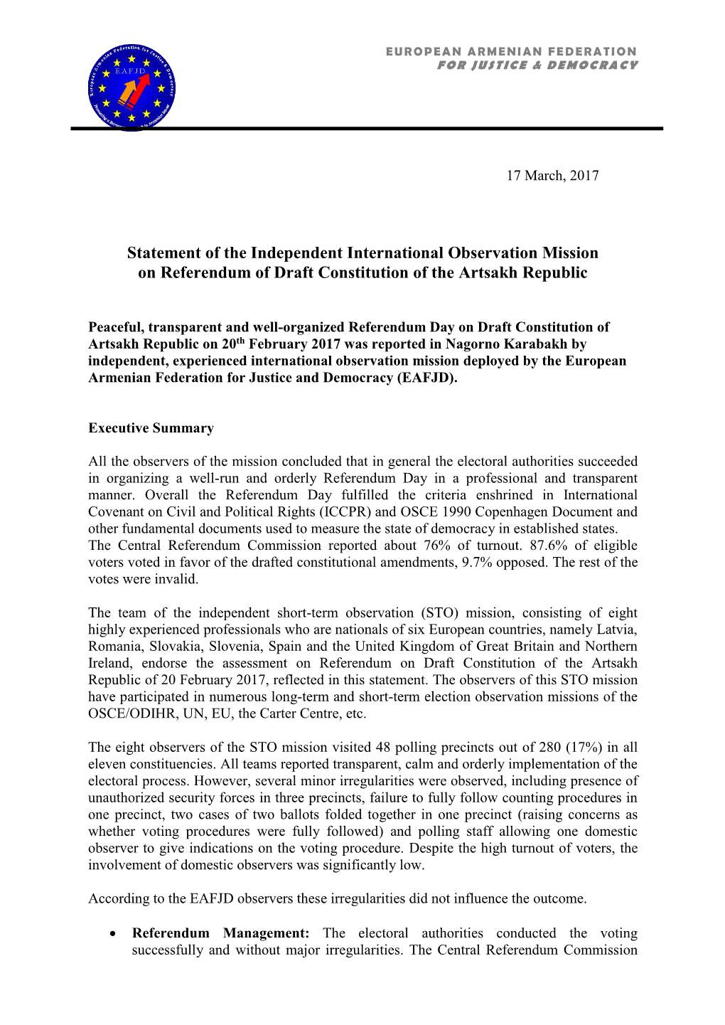 Statement of the Independent International Observation Mission on Referendum of Draft Constitution of the Artsakh Republic