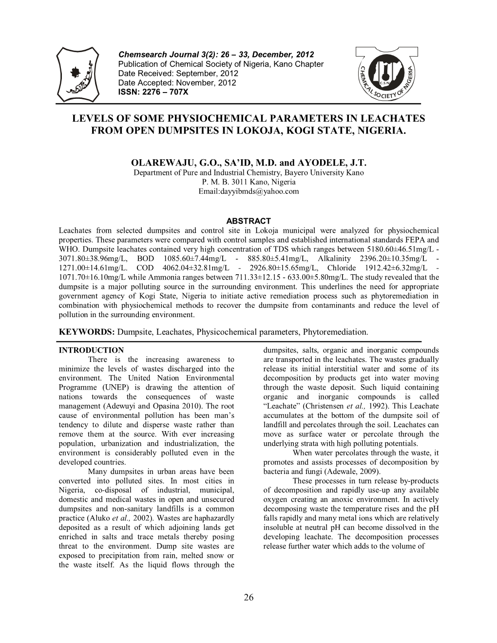 Levels of Some Physiochemical Parameters in Leachates from Open Dumpsites in Lokoja, Kogi State, Nigeria