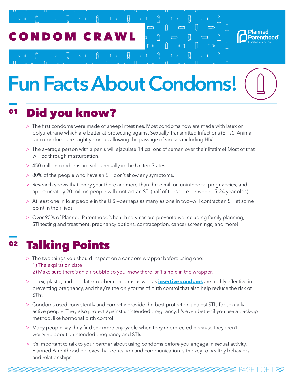 Fun Facts About Condoms! 01 Did You Know? > the ﬁrst Condoms Were Made of Sheep Intestines