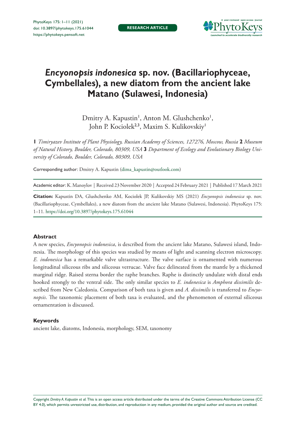 Bacillariophyceae, Cymbellales), a New Diatom from the Ancient Lake Matano (Sulawesi, Indonesia