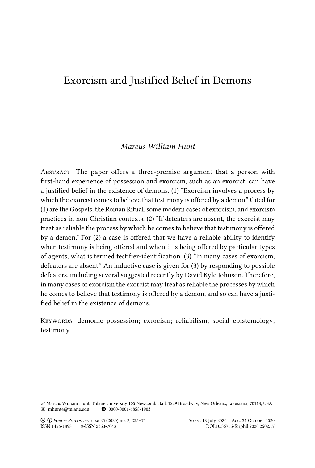 Exorcism and Justified Belief in Demons